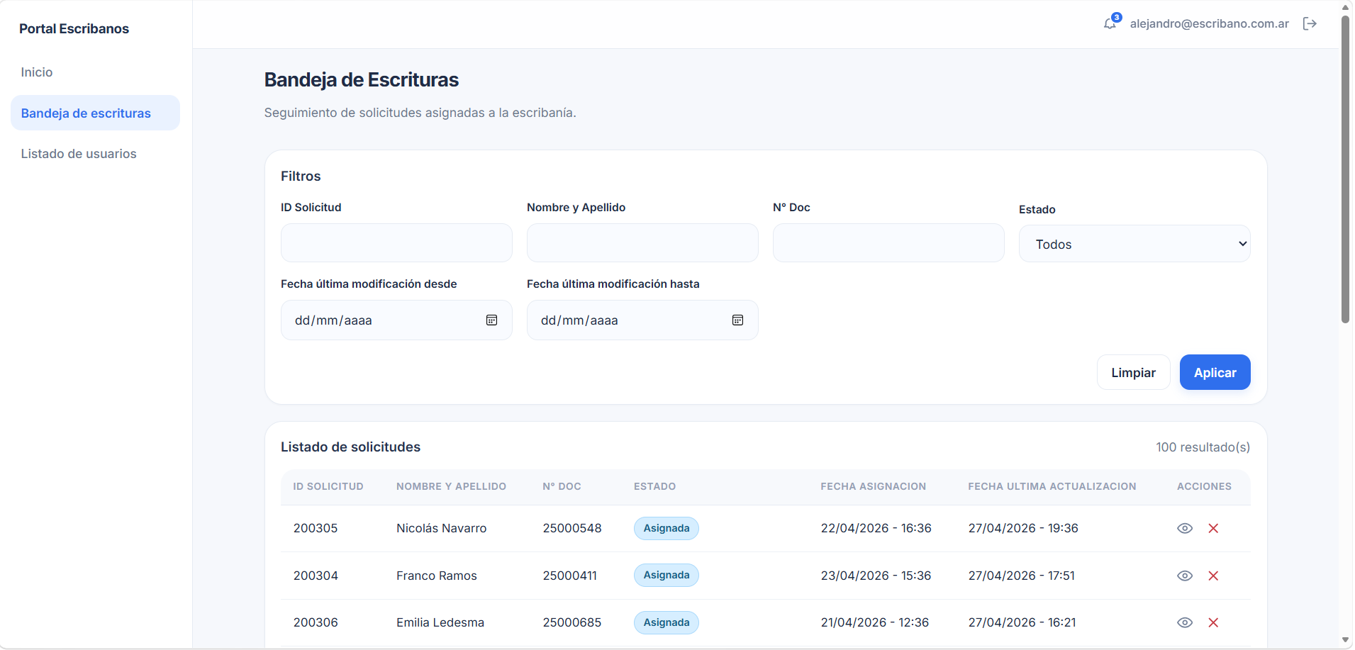Bandeja del portal escribanía