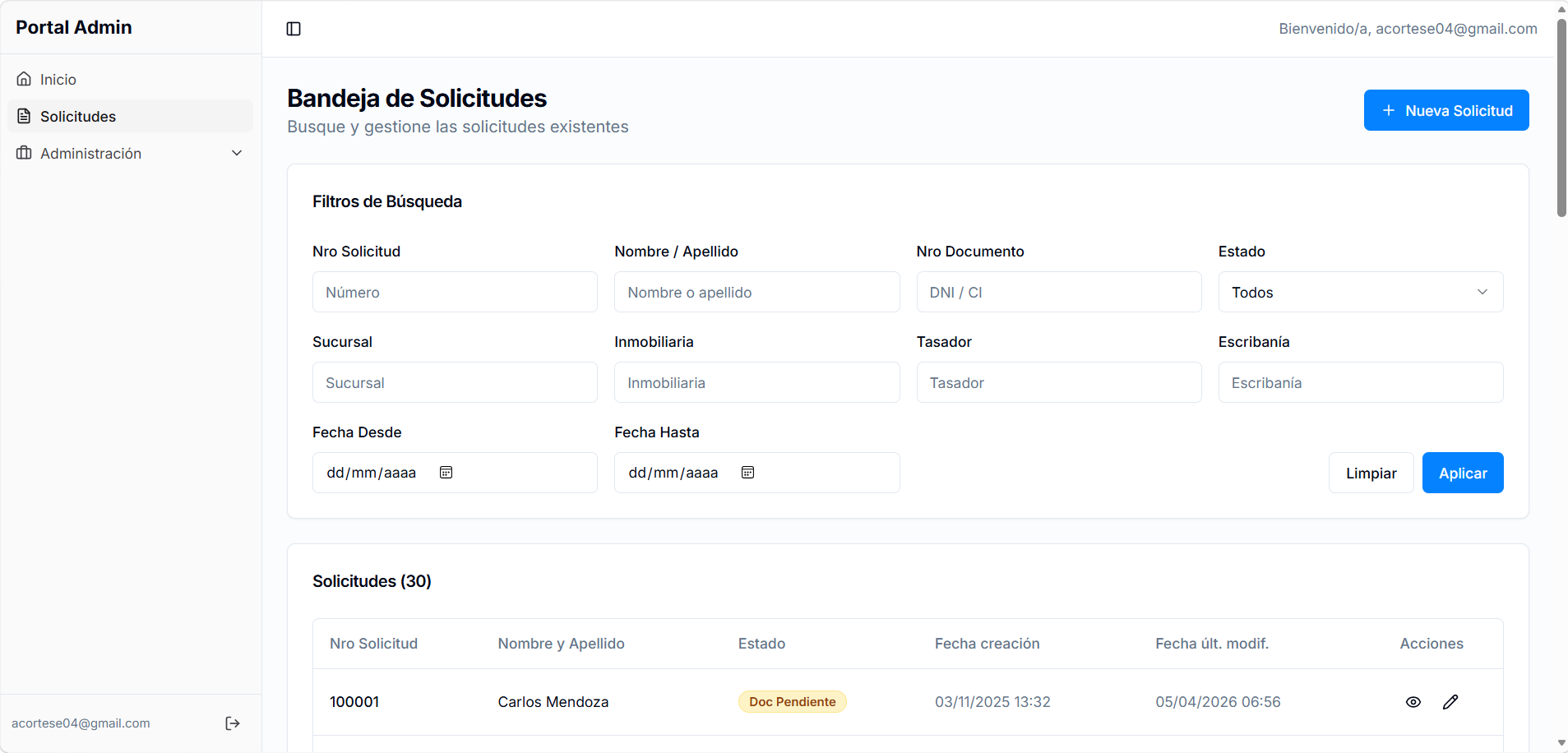 Bandeja de solicitudes del portal banco admin