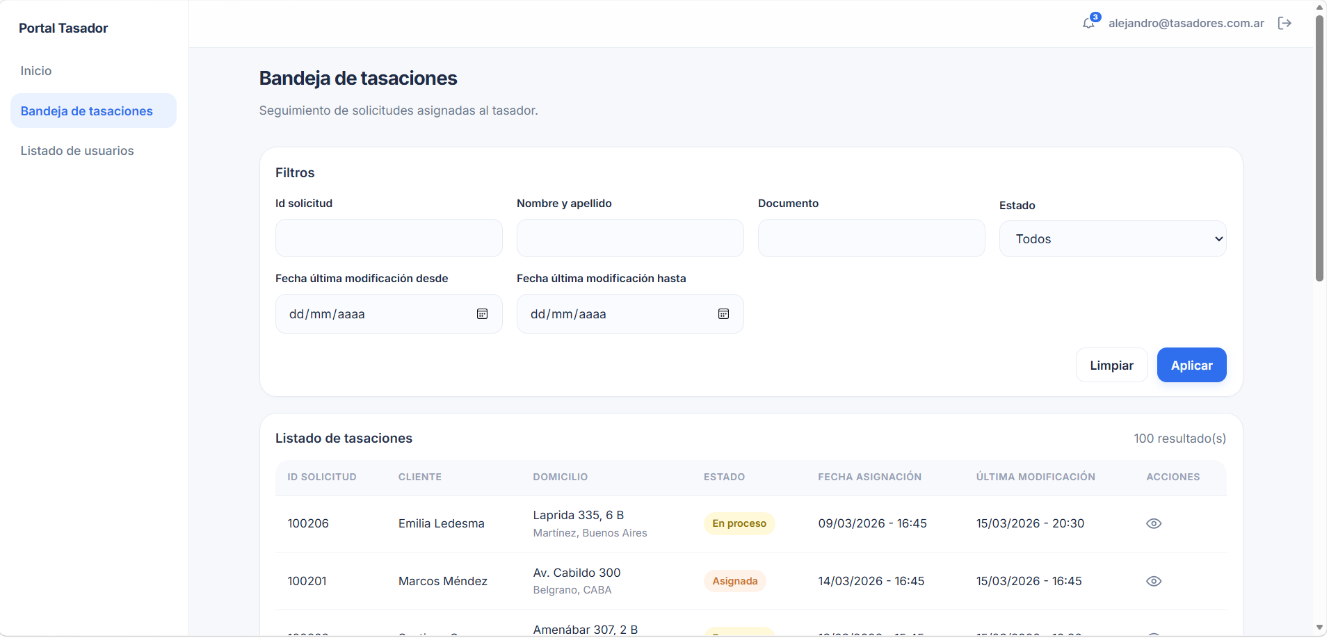 Bandeja del portal tasador