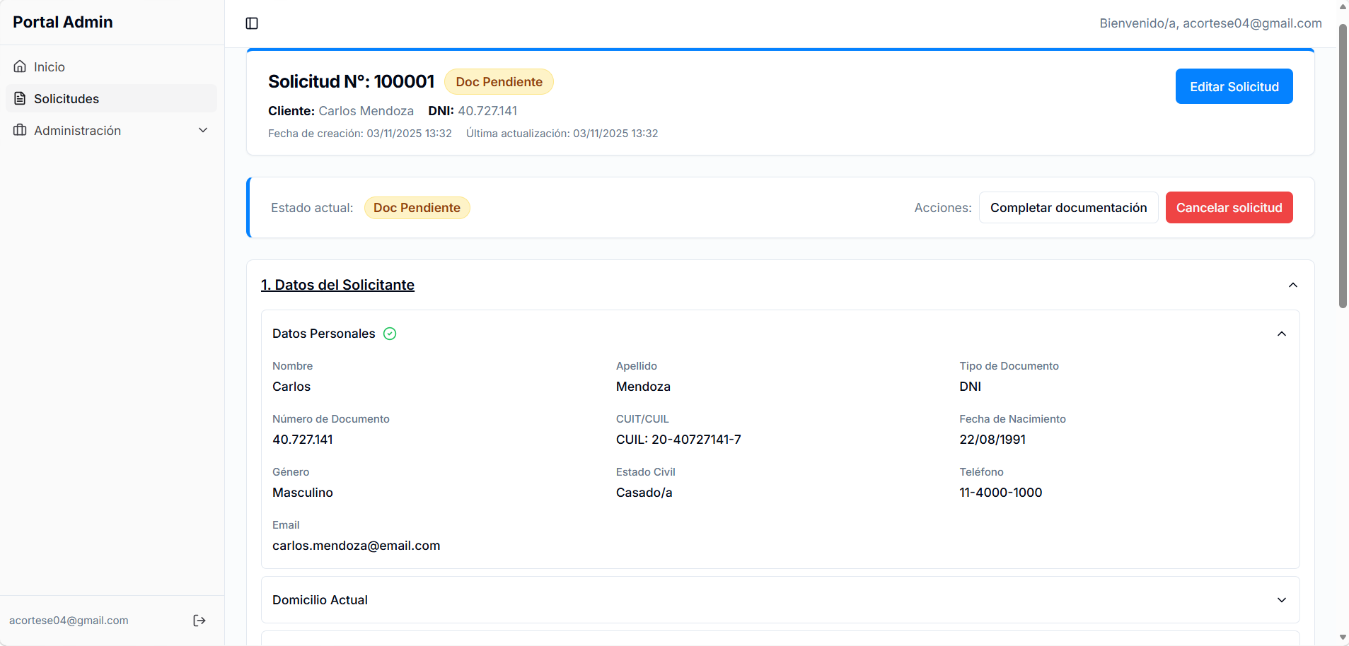 Detalle de una solicitud hipotecaria en CrediXOne